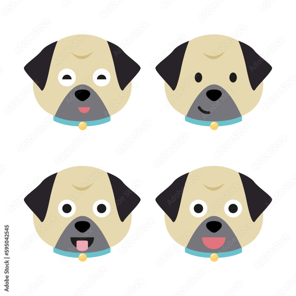 Obraz premium Vector set of pug head in different emotions, pug head icon isolated on white background