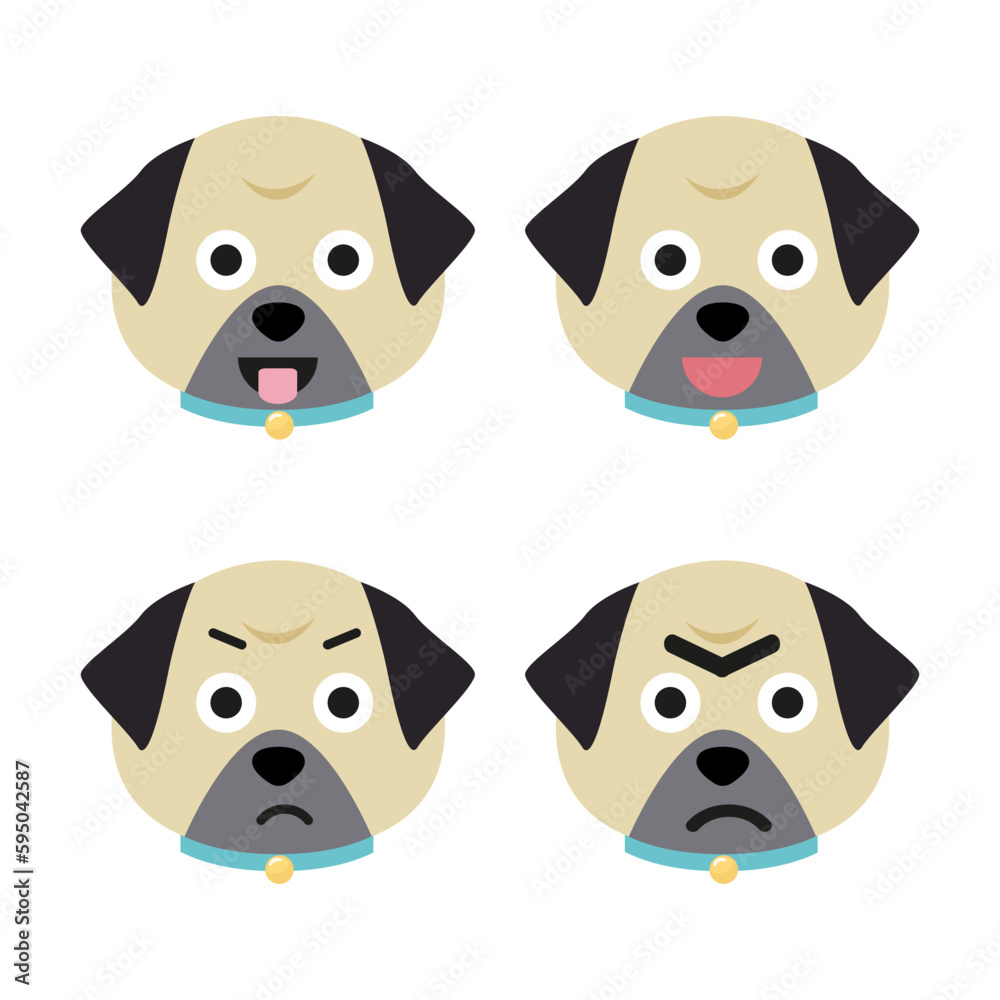 Obraz premium Vector set of pug head in different emotions, pug head icon isolated on white background