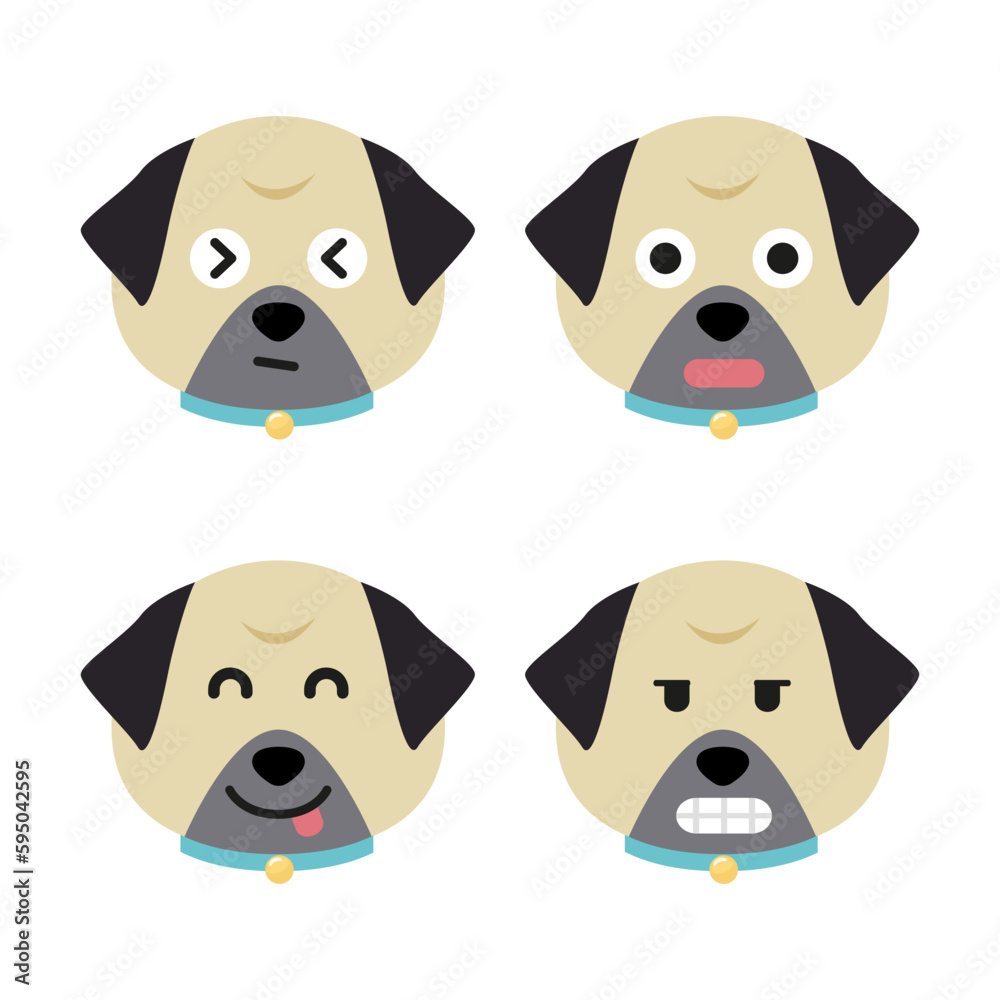 Vector set of pug head in different emotions, pug head icon isolated on white background