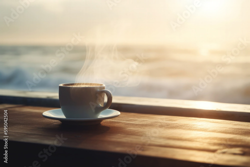 Empty Wooden table with coffee cup on beach at summer time blurred background. Generative AI.