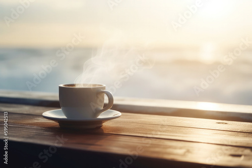 Empty Wooden table with coffee cup on beach at summer time blurred background. Generative AI.