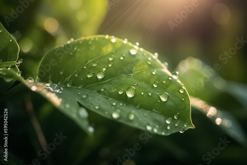 Drops of dew in the morning glow. Environment Concept. Beautiful leaf with drops of water. Beautiful drops of transparent rain water on a green leaf. 