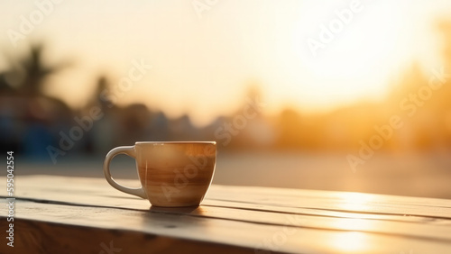 Empty Wooden table with coffee cup on beach at summer time blurred background. Generative AI.