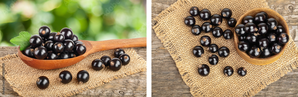 Black currants in a spoon on the wooden table with sackcloth and blurred green background Black currants in a spoon on the wooden table with sackcloth and blurred green background