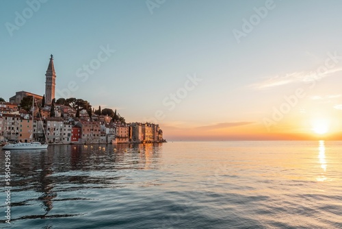 Amazing townscape of beautiful seaside town of Rovinj, Croatia during sunset