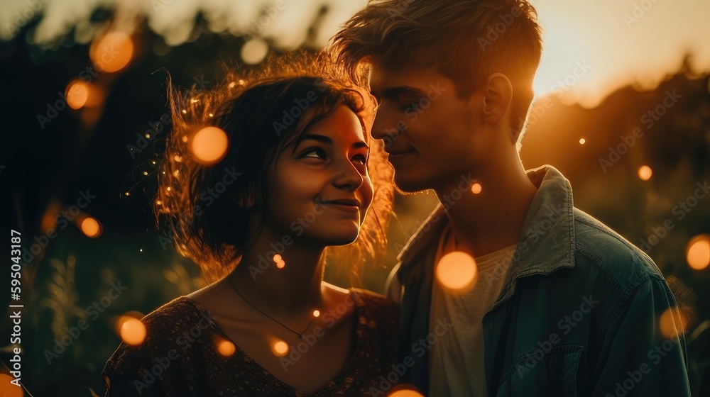 Love and affection, A beautiful couple staring at each other during the golden hour sunset, Generative AI 
