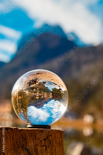 Fototapeta Naklejka Na Ścianę i Meble -  Crystal ball alpine landscape shot at Lake Hintersee, Ramsau, Berchtesgaden, Bavaria, Germany