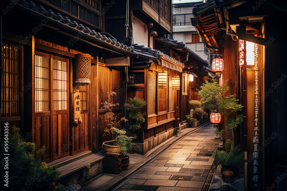 Fototapeta premium A Kyoto Street with Traditional Wooden Houses and Lanterns by Night - generative AI