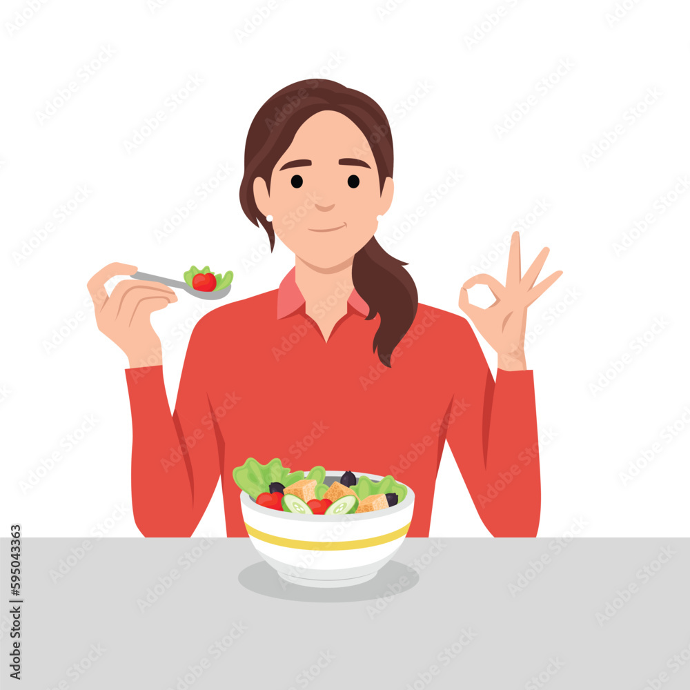Young woman eating salads. Diet food for life. Healthy foods with benefits. Healthy and vegan food concept. Young woman eating salads. Diet food for life. Healthy foods with benefits. Healthy and vegan food concept.