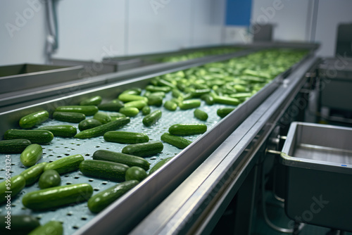 Cucumbers in a food processing facility, clean and fresh, ready for automated packaging. Concept for a healthy food company with automated manufacturing of food and fruits. Generative AI