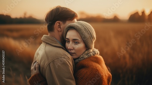A beautiful couple in love and hugging during the golden hour sunset, Generative AI