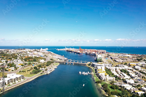 Aerial view of the Swan River mouth and the port of Fremantle in Western Australia