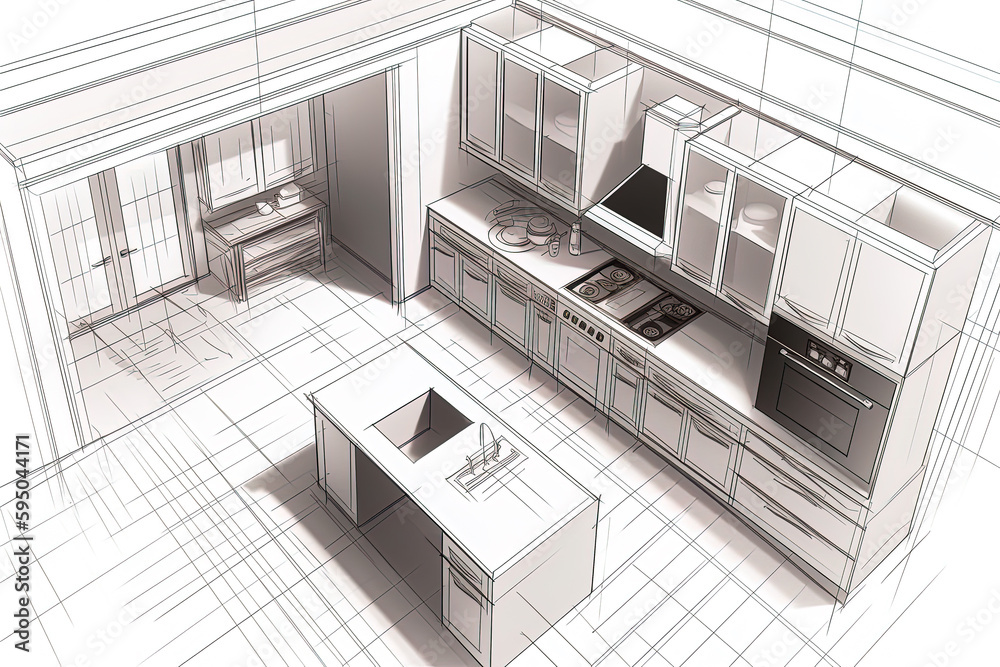 Pencil drawing of the interior of a kitchen. Modern kitchen floor plans with furniture floor plans. Generative AI Pencil drawing of the interior of a kitchen. Modern kitchen floor plans with furniture floor plans. Generative AI