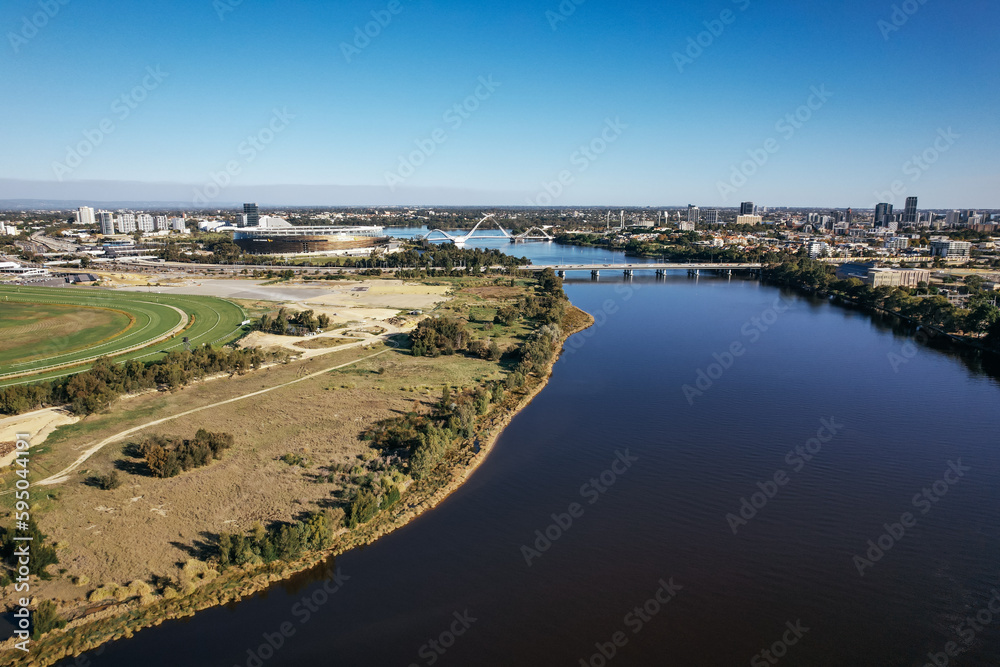 Panoramic aerial view of the Swan River in the city of Perth, Western Australia
