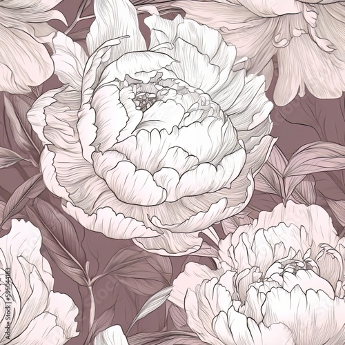 A botanical energize of well off peony makes portrayed through a unfaltering energize of hand-drawn lines and liquid reflection. Seamless pattern, AI Generated