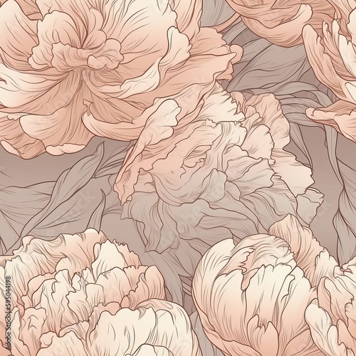 A botanical energize of well off peony makes delineated through a unfaltering energize of hand-drawn lines and fluid reflection. Seamless pattern, AI Generated