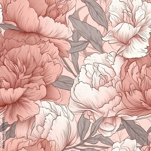 A botanical energize of well off peony makes delineated through a unfaltering energize of hand-drawn lines and liquid reflection. Seamless pattern, AI Generated