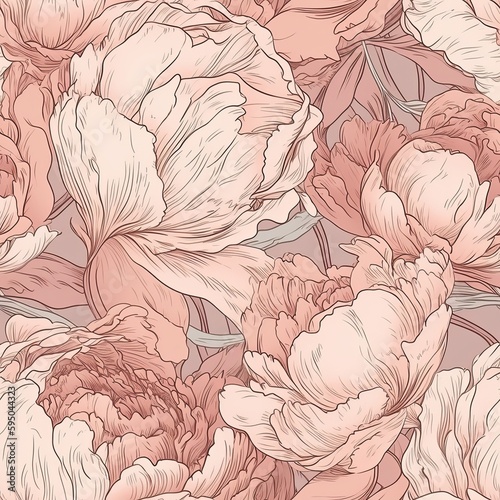 A botanical energize of well off peony makes depicted through a unfaltering energize of hand-drawn lines and liquid reflection. Seamless pattern, AI Generated