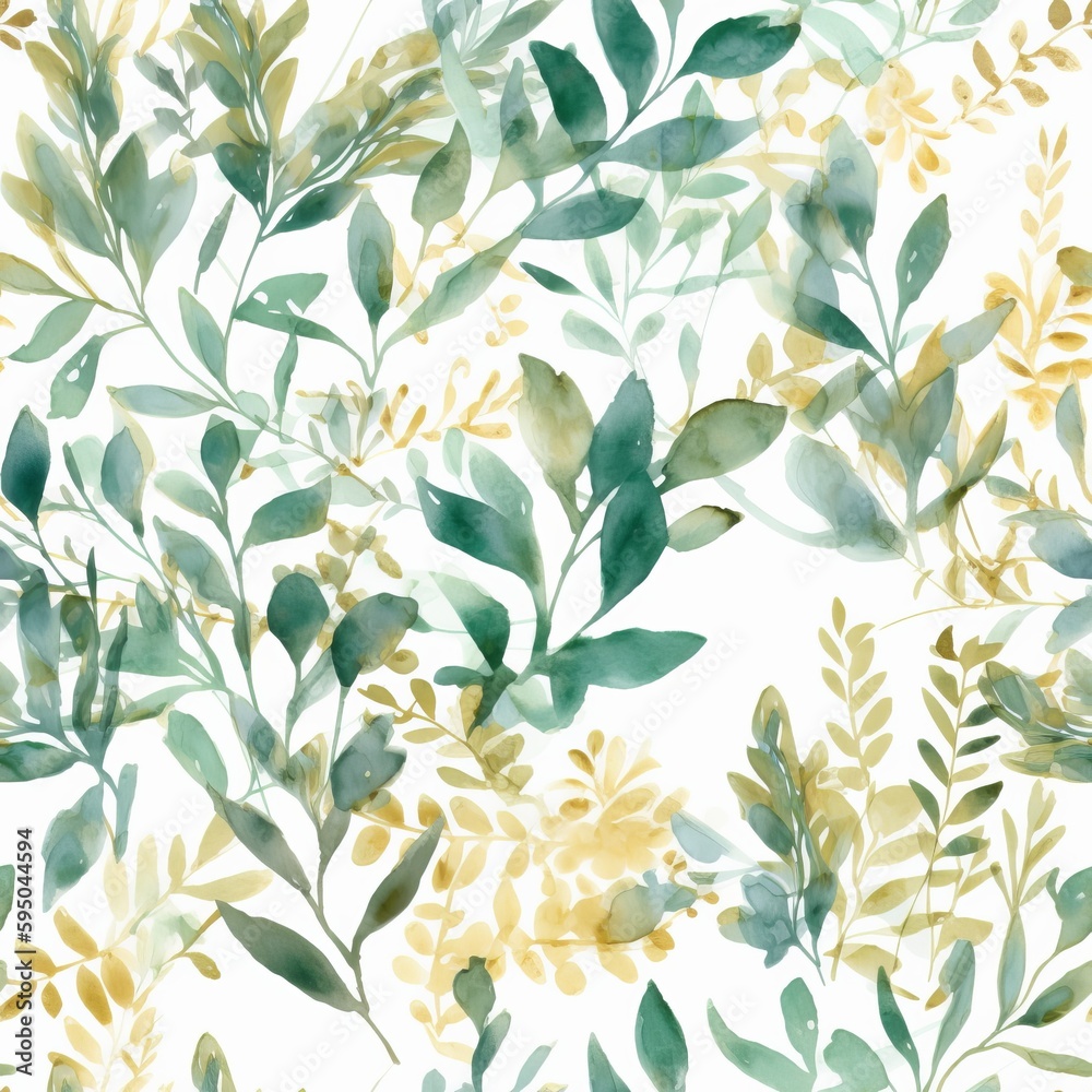 An depicted out watercolor tireless border highlighting green and gold takes off and branches, idealize for wedding stationary. Seamless pattern, AI Generated