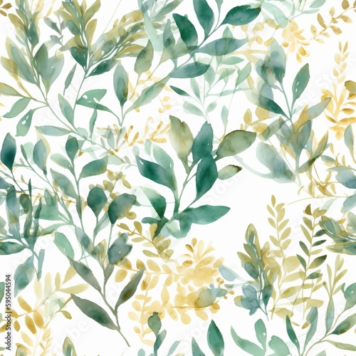 An depicted out watercolor tireless border highlighting green and gold takes off and branches, idealize for wedding stationary. Seamless pattern, AI Generated