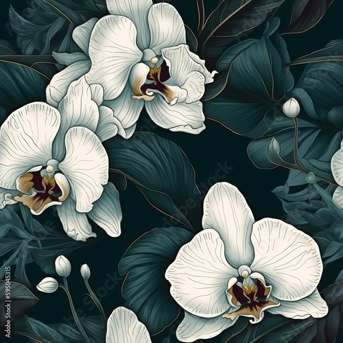 Luxury establishment organize checking sensible, obliged making orchid makes in a tropical make make organize. Seamless pattern, AI Generated photo