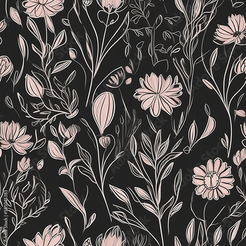 botanical coordinate comprising of blossoms drawn with a single line. Seamless pattern, AI Generated