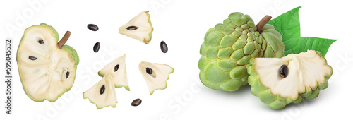 Sugar apple or custard apple isolated on white background . Exotic tropical Thai annona or cherimoya fruit. Top view. Flat lay photo