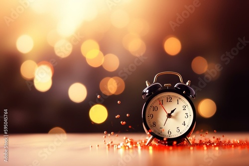 alarm clock over a bokeh background with copy space - AI. Generative AI