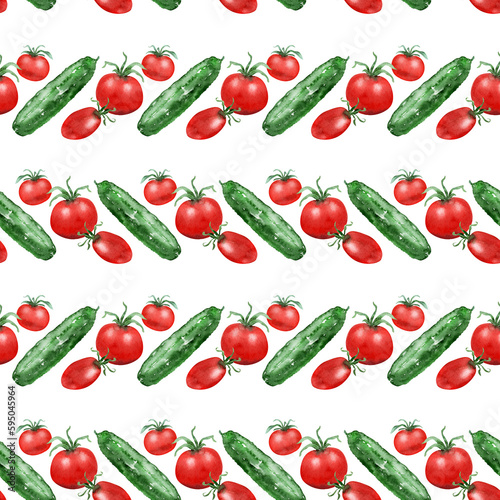 Watercolor seamless pattern with the image of fresh tomatoes and cucumbers