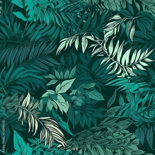 theoretical botanical foliage establishment in green, highlighting tropical plants, makes, make plans, and leaf branches - come full circle as a establishment. Seamless pattern, AI Generated