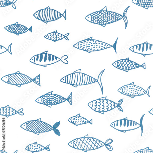 Hand drawn line art seamless pattern with many blue lined different fish on white background.Print cards,invitations,design