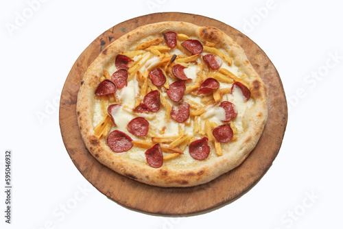 white pizza with mozzarella, chips and salami solated on a white background