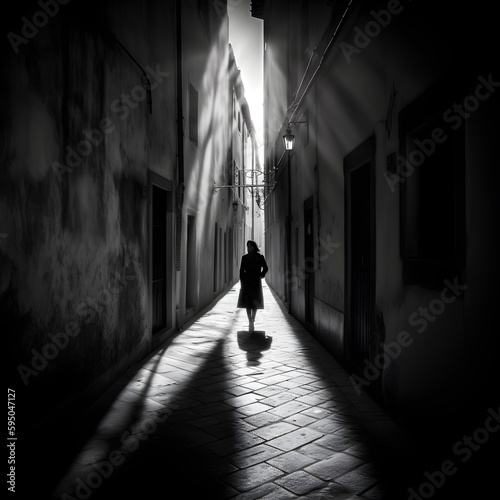 Step into the solitude of a small street as a lone figure walks, casting a captivating shadow. Feel the quiet introspection and sense of serenity. Generative AI
