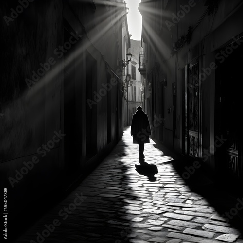 Step into the solitude of a small street as a lone figure walks  casting a captivating shadow. Feel the quiet introspection and sense of serenity. Generative AI