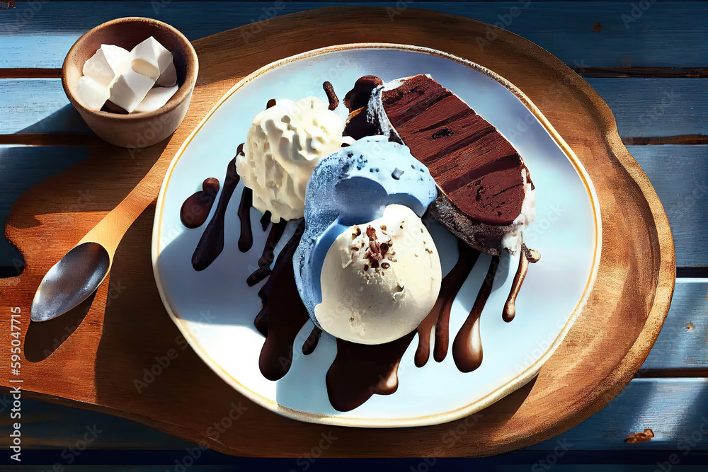 Fototapeta premium A lollipop style grape ice cream on a stick on a vintage plate. Generative A