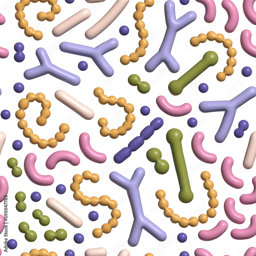 Microbiome background pattern. Probiotic bacteria backdrop with lactobacillus, bifidobacteria, acidophilus. 3d render simple raster illustration. Microbiome background pattern. Probiotic bacteria backdrop with lactobacillus, bifidobacteria, acidophilus. 3d render simple raster illustration.