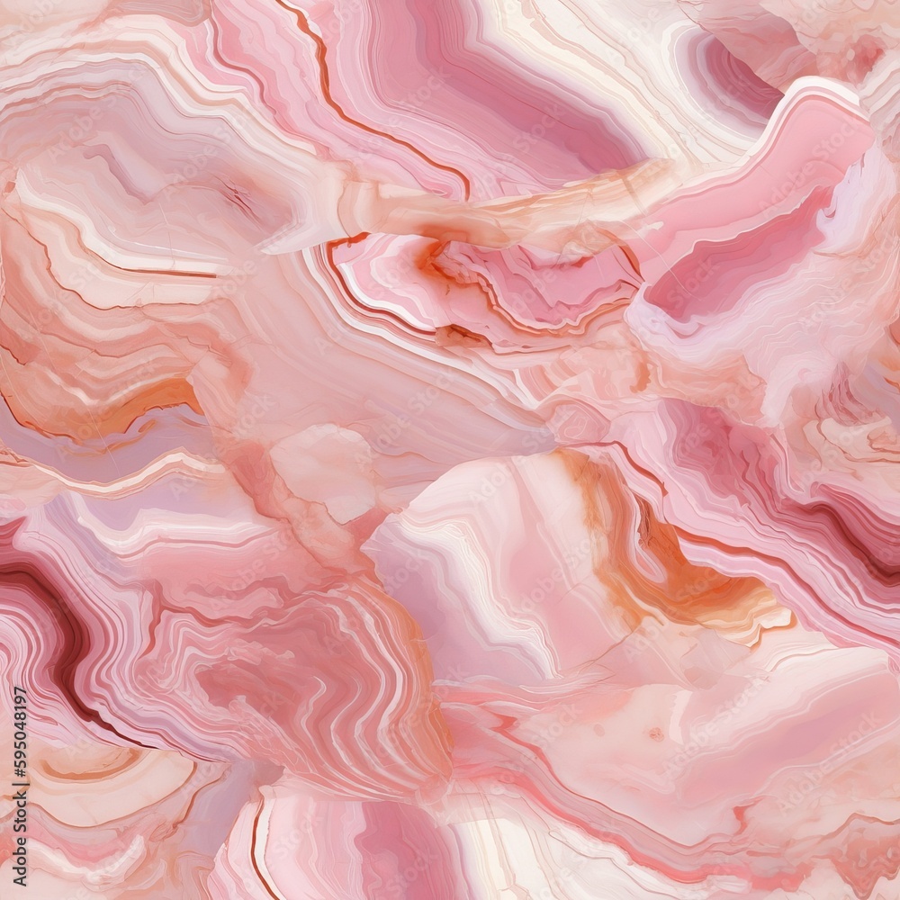Pink onyx central stone marble surface with ice colors, cleaned quartz stone establishment. Seamless pattern, AI Generated