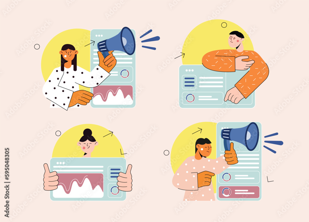 Set concept marketing with people scene in the flat cartoon style. Marketers advertise different goods and services on the Internet. Vector illustration.