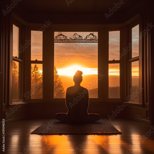 Experience a moment of serene tranquility as a woman sits in front of a window  immersed in meditation  with a breathtaking natural view at sunset. Generative AI
