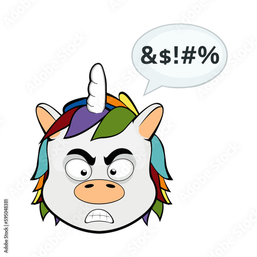 vector cartoon character illustration of a unicorn, angry expression and a speech bubble with an insult text