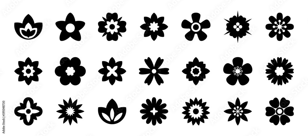 Flat black flower icons set. Simple flower silhouette.