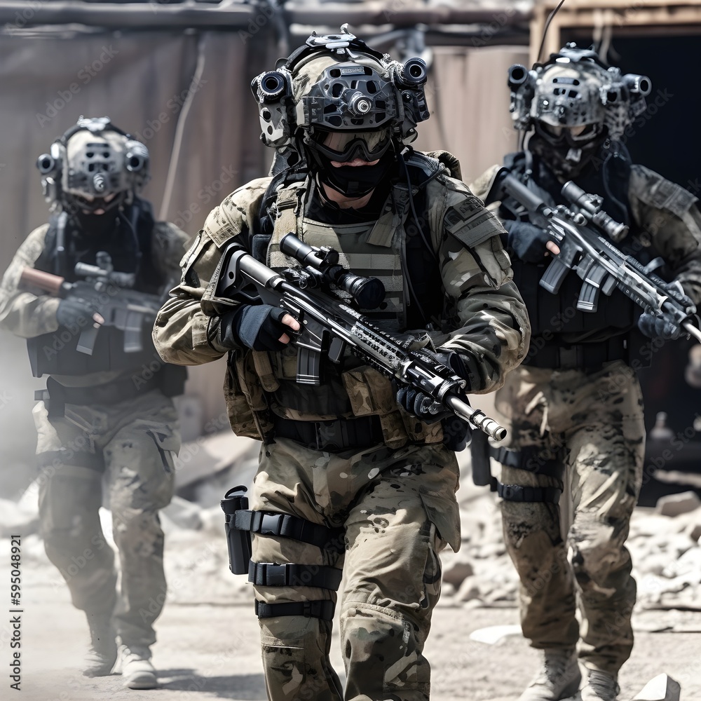 Embrace the strength and resilience of a small group of soldiers, donning camouflage uniforms and armed with unwavering determination. Witness the spirit of valor and dedication. Embrace the strength and resilience of a small group of soldiers, donning camouflage uniforms and armed with unwavering determination. Witness the spirit of valor and dedication.