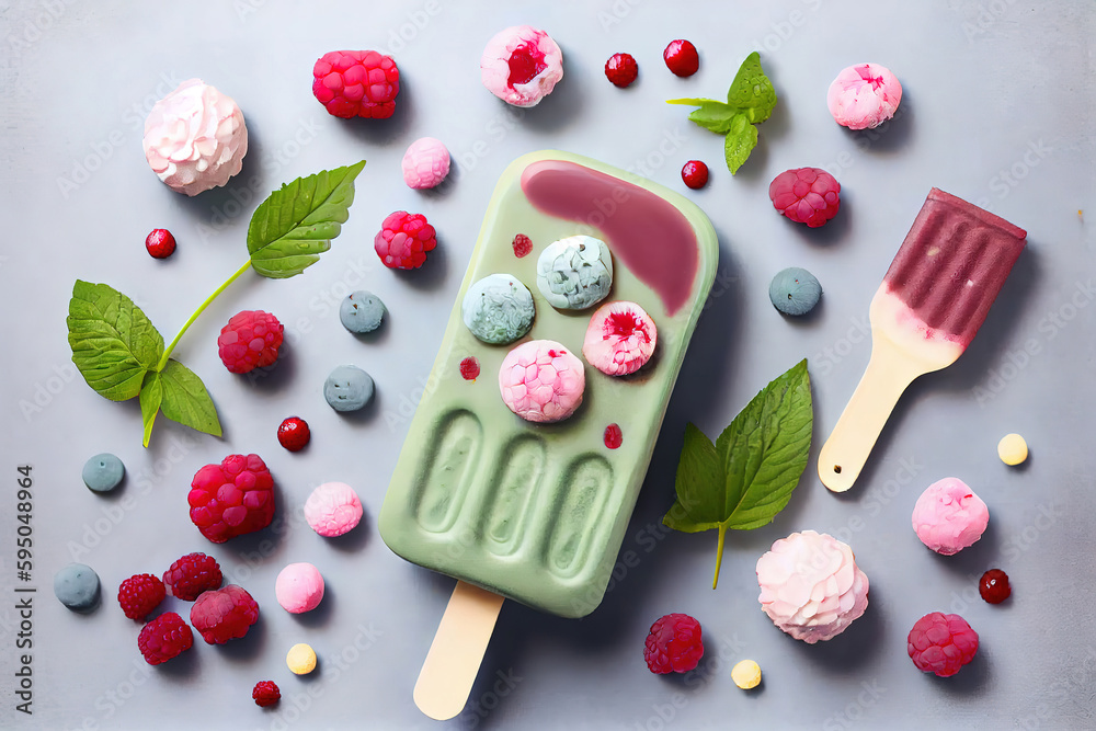 Homemade vegan popsicle with berries matcha tea. Generative Ai Homemade vegan popsicle with berries matcha tea. Generative Ai