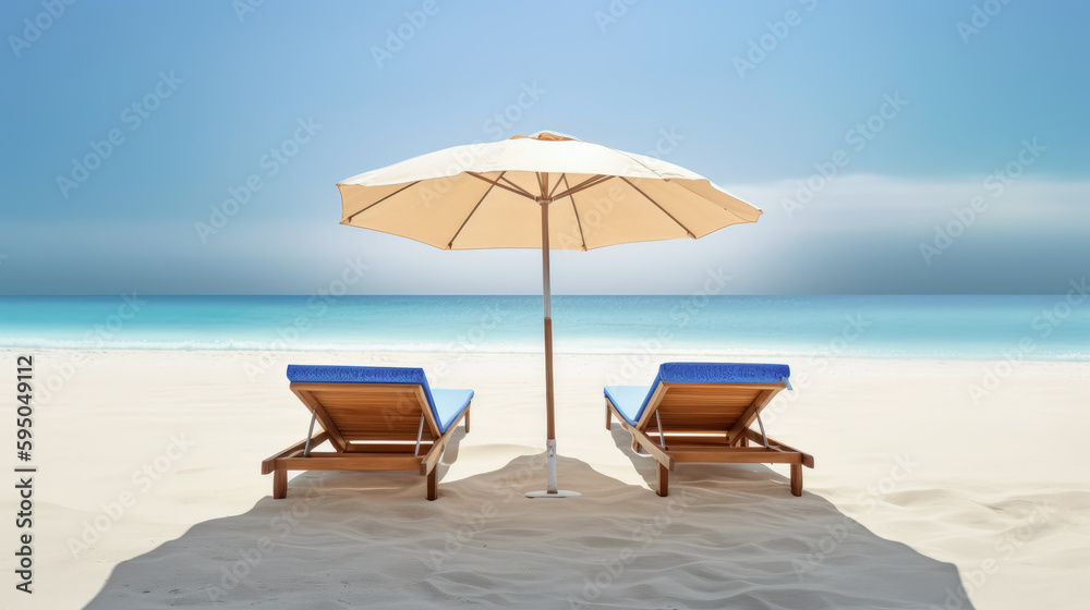 Tumbona de madera de playa con colchonetas azules y sombrilla en una playa idílica de arena dorada sobre fondo de mar y cielo azul