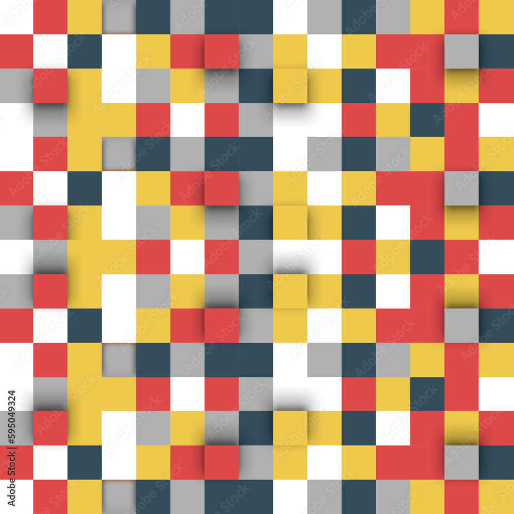  Red Grey Yellow 3D Square Pattern. Abstract Mosaic Of Colorful Squares With Soft Shadow Effect