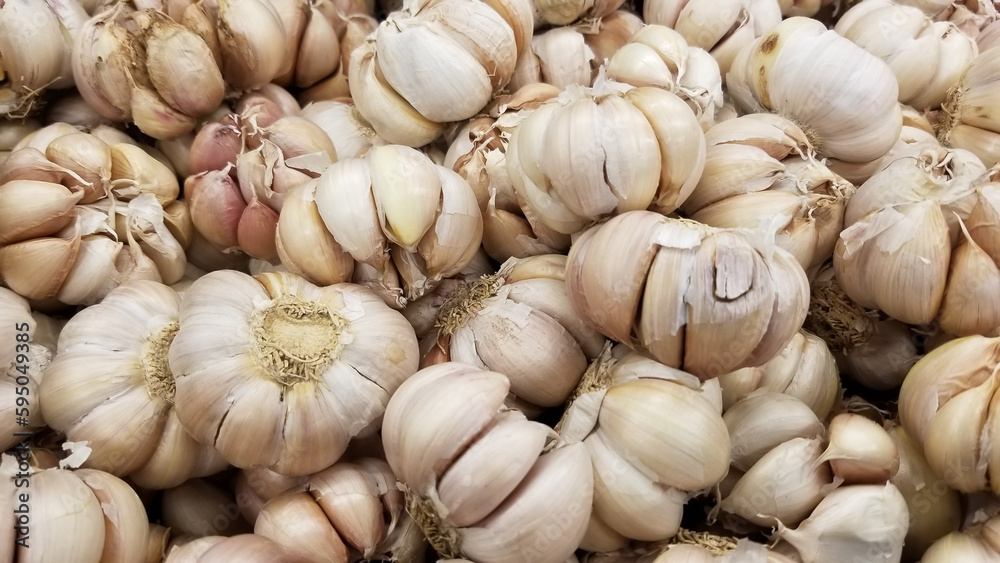 A collection of garlic on display in the supermarket