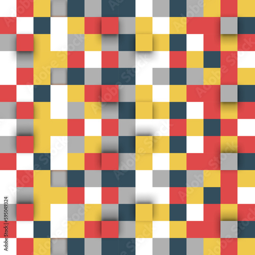  Red Grey Yellow 3D Square Pattern. Abstract Mosaic Of Colorful Squares With Soft Shadow Effect