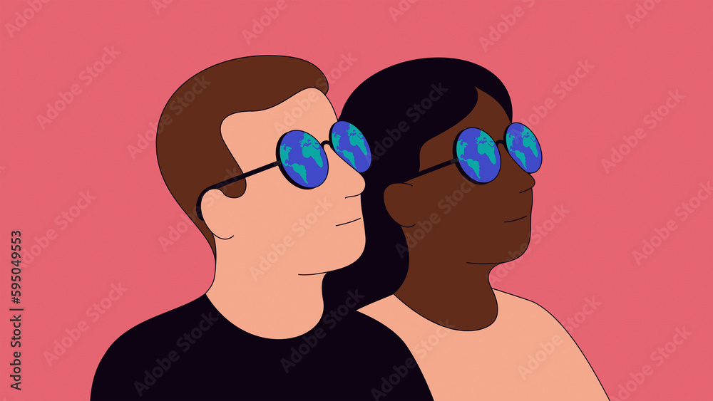 Man and woman looking through world map glasses Man and woman looking through world map glasses