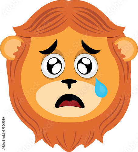 vector illustration lion cartoon face with a sad expression, watery eyes and a tear falling from one eye