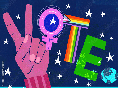 V signs, female symbols, rainbow flag and nature spelling word VOTE photo